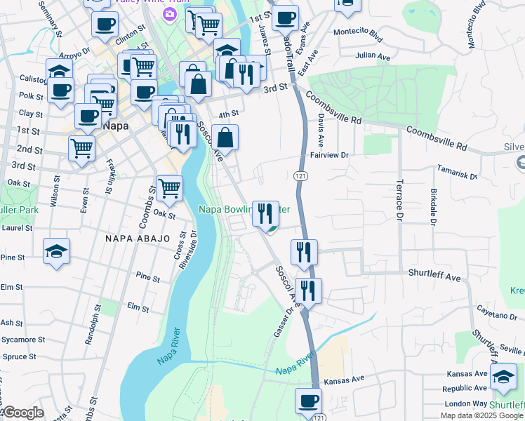 map of restaurants, bars, coffee shops, grocery stores, and more near 538-570 Soscol Ave in Napa