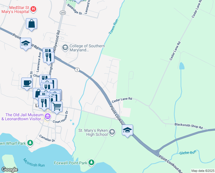 map of restaurants, bars, coffee shops, grocery stores, and more near 41900 Nazareth Court in Leonardtown