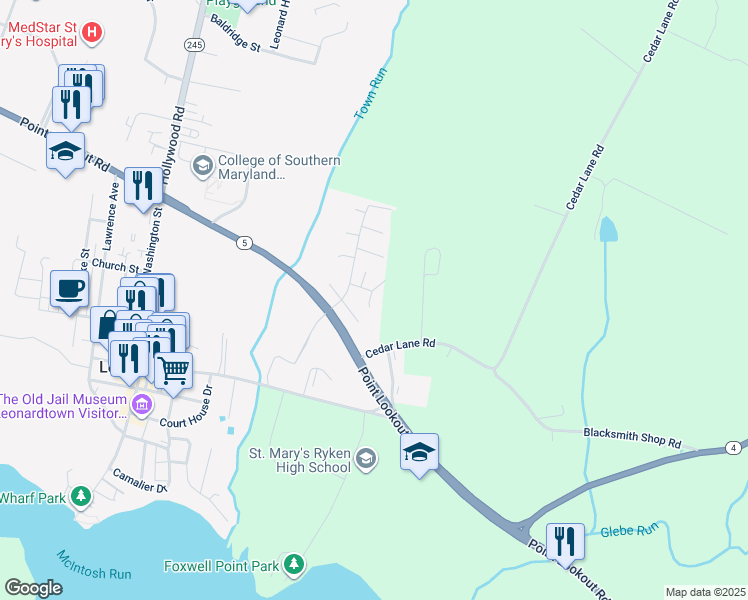 map of restaurants, bars, coffee shops, grocery stores, and more near 41937 Kentucky Court in Leonardtown