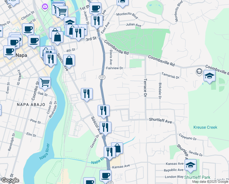 map of restaurants, bars, coffee shops, grocery stores, and more near 166 Sage Way in Napa