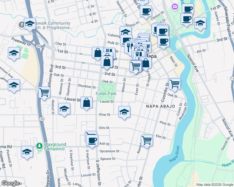 map of restaurants, bars, coffee shops, grocery stores, and more near 552 Seminary Street in Napa