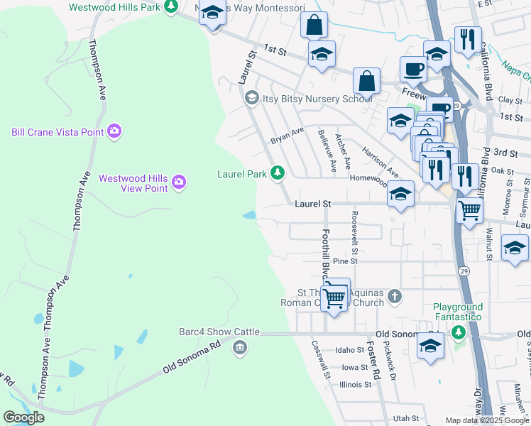 map of restaurants, bars, coffee shops, grocery stores, and more near 45 Griggs Lane in Napa