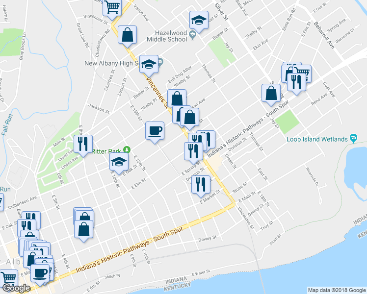 map of restaurants, bars, coffee shops, grocery stores, and more near 1611 East Elm Street in New Albany