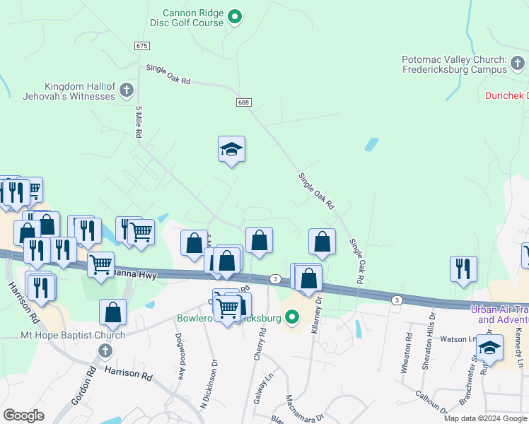 map of restaurants, bars, coffee shops, grocery stores, and more near 6247 Autumn Leaf Drive in Fredericksburg