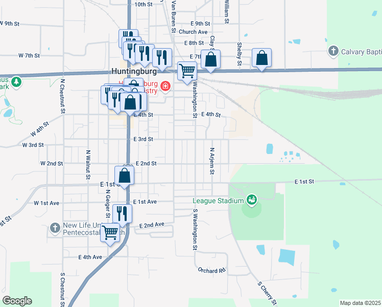 map of restaurants, bars, coffee shops, grocery stores, and more near 210 North Washington Street in Huntingburg