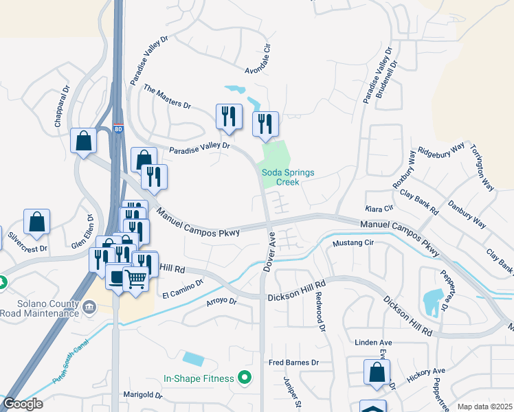 map of restaurants, bars, coffee shops, grocery stores, and more near 3582 Tassajara Court in Fairfield