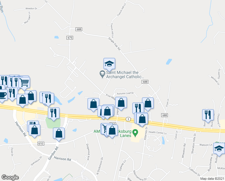 map of restaurants, bars, coffee shops, grocery stores, and more near 6375 Autumn Leaf Circle in Fredericksburg