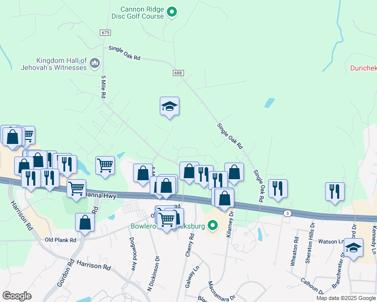 map of restaurants, bars, coffee shops, grocery stores, and more near 6257 Autumn Leaf Drive in Fredericksburg