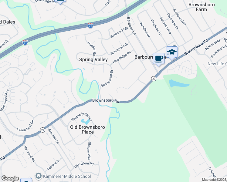 map of restaurants, bars, coffee shops, grocery stores, and more near 7701 Circle Crest Road in Louisville