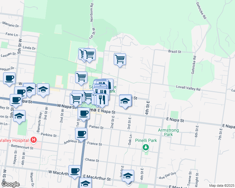 map of restaurants, bars, coffee shops, grocery stores, and more near 206 East Spain Street in Sonoma