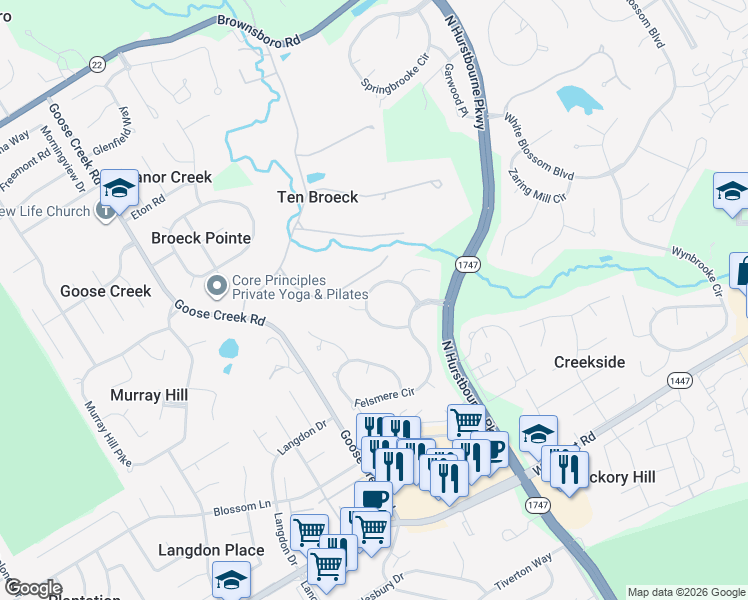 map of restaurants, bars, coffee shops, grocery stores, and more near 3305 Springstead Circle in Louisville