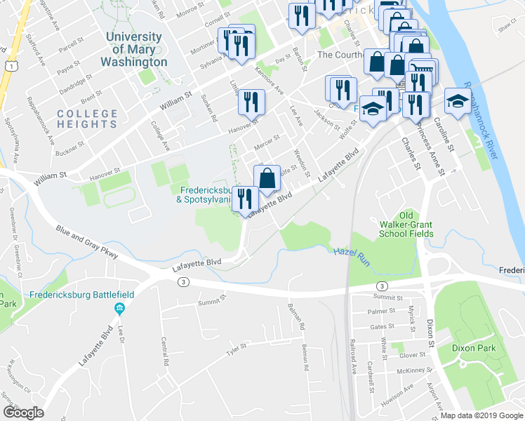 map of restaurants, bars, coffee shops, grocery stores, and more near 484 Willis Street in Fredericksburg
