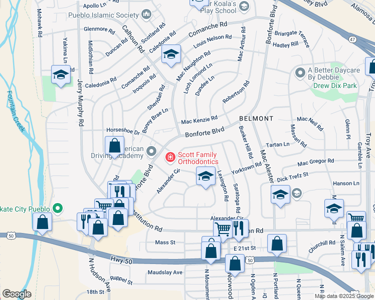 map of restaurants, bars, coffee shops, grocery stores, and more near 1733 Alexander Circle in Pueblo