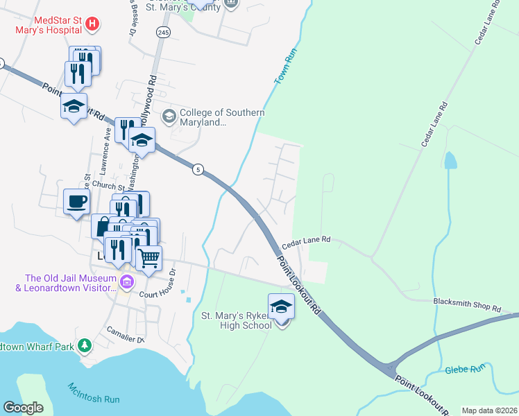 map of restaurants, bars, coffee shops, grocery stores, and more near 41855 Meynard Court in Leonardtown