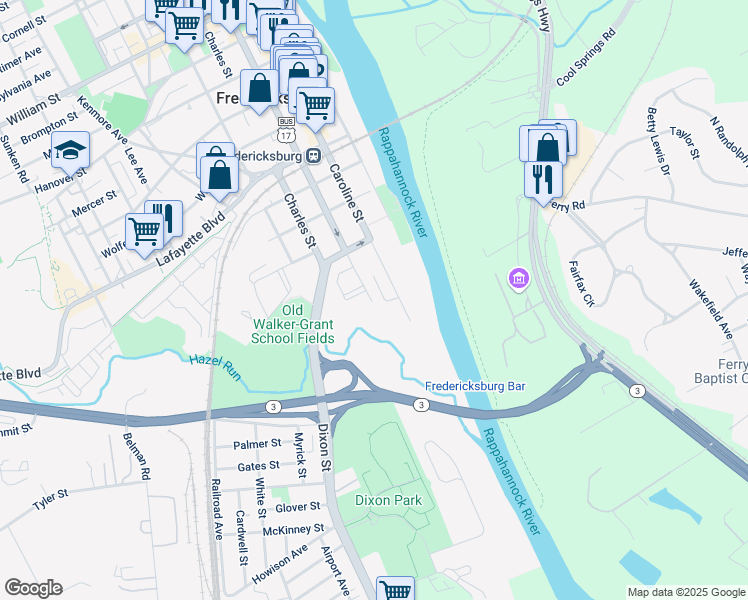 map of restaurants, bars, coffee shops, grocery stores, and more near 121 Princess Anne Street in Fredericksburg