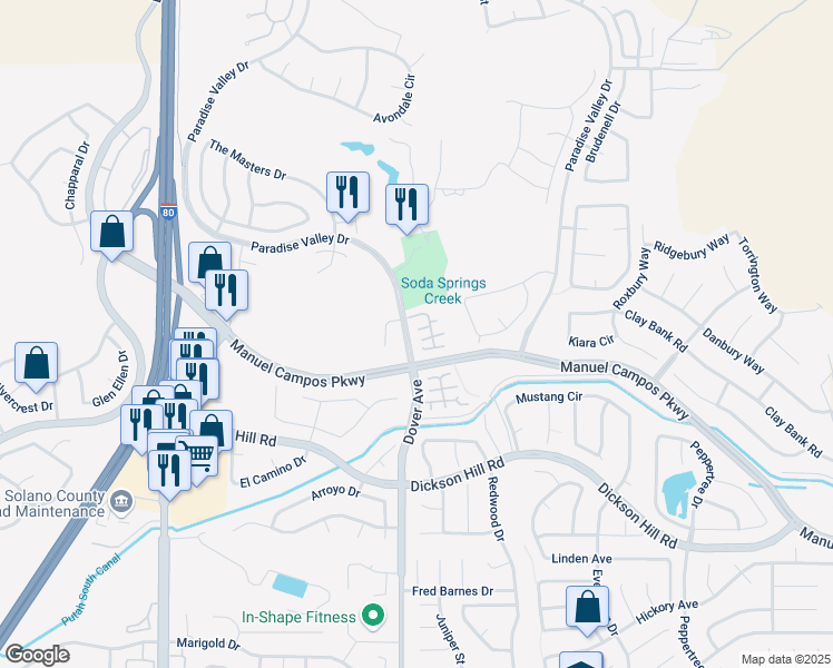 map of restaurants, bars, coffee shops, grocery stores, and more near 3582 Tassajara Court in Fairfield
