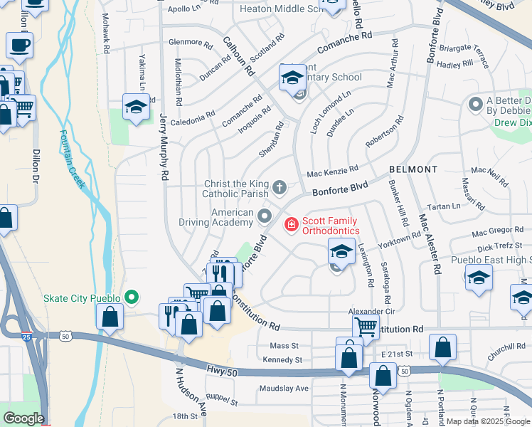 map of restaurants, bars, coffee shops, grocery stores, and more near 1615 Bonforte Boulevard in Pueblo