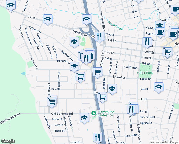 map of restaurants, bars, coffee shops, grocery stores, and more near 451 Freeway Drive in Napa