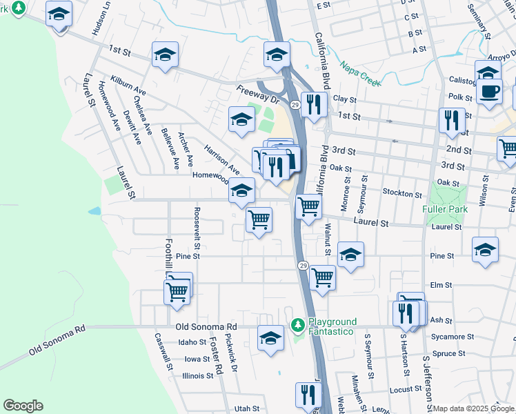 map of restaurants, bars, coffee shops, grocery stores, and more near 2585 Laurel Street in Napa