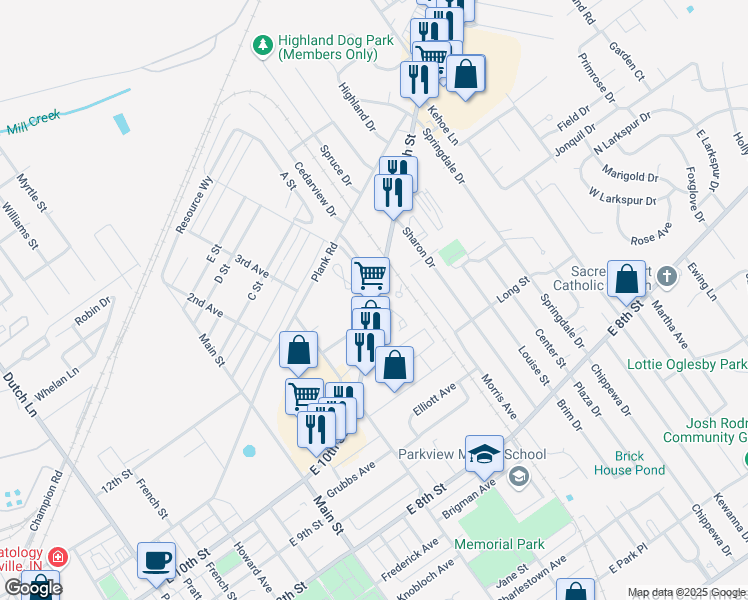 map of restaurants, bars, coffee shops, grocery stores, and more near 1537 East 10th Street in Jeffersonville