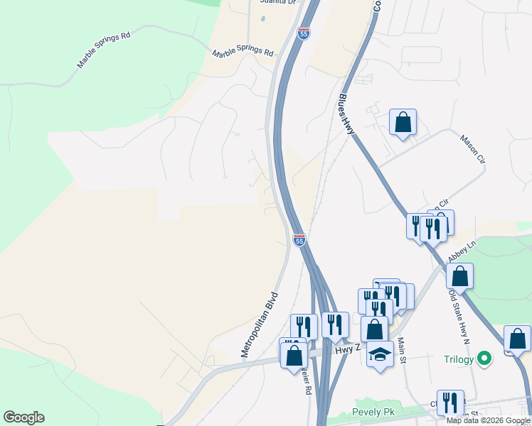 map of restaurants, bars, coffee shops, grocery stores, and more near 8607 Metropolitan Boulevard in Pevely