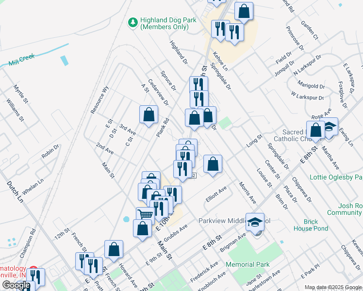 map of restaurants, bars, coffee shops, grocery stores, and more near 1537 East 10th Street in Jeffersonville