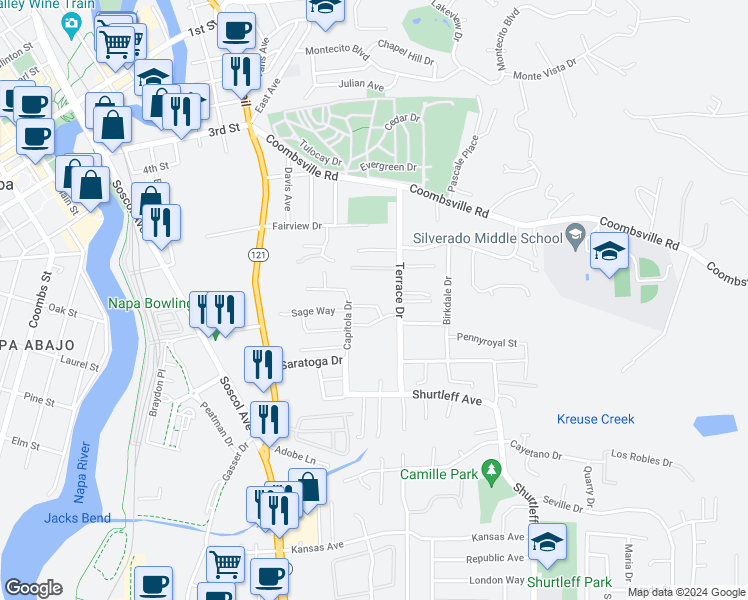 map of restaurants, bars, coffee shops, grocery stores, and more near 38 Sage Way in Napa