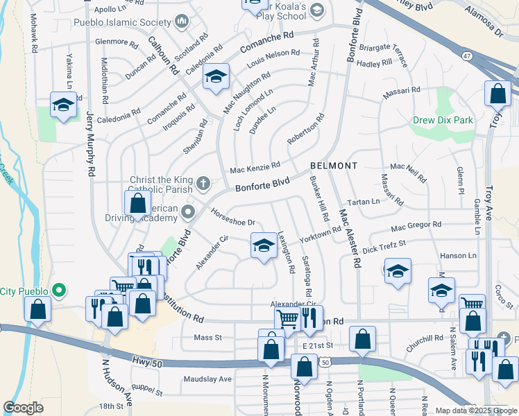 map of restaurants, bars, coffee shops, grocery stores, and more near 1721 Alexander Circle in Pueblo