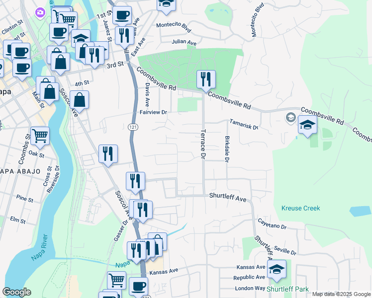 map of restaurants, bars, coffee shops, grocery stores, and more near 38 Sage Way in Napa