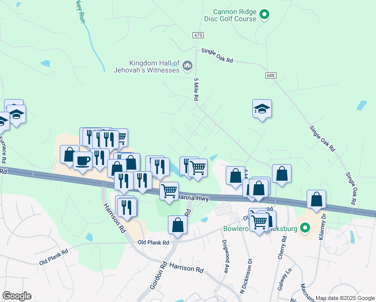 map of restaurants, bars, coffee shops, grocery stores, and more near 12205 Glen Oaks Drive in Fredericksburg