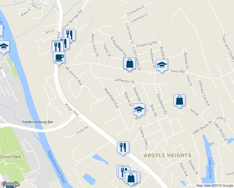 map of restaurants, bars, coffee shops, grocery stores, and more near 11 Braxton Lane in Fredericksburg