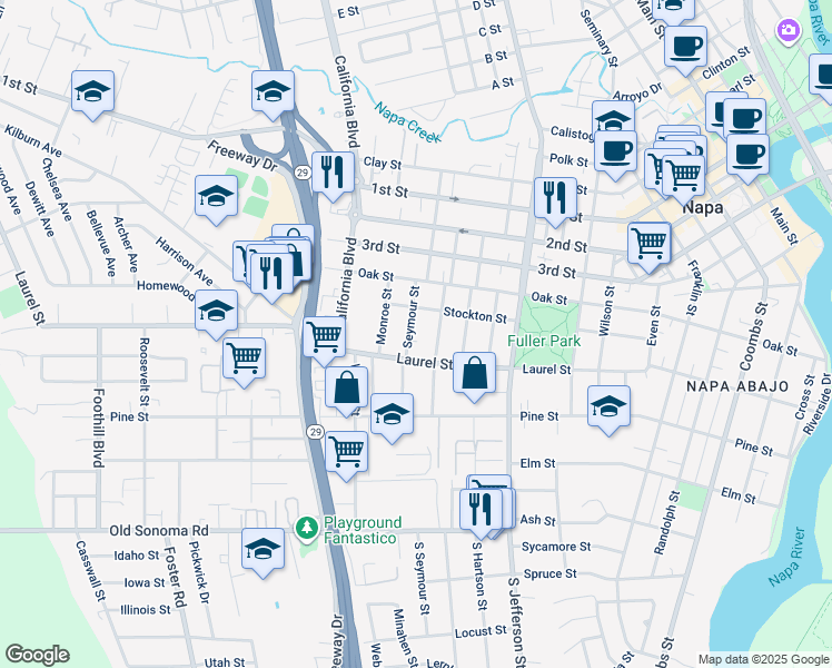 map of restaurants, bars, coffee shops, grocery stores, and more near 534 Seymour Street in Napa