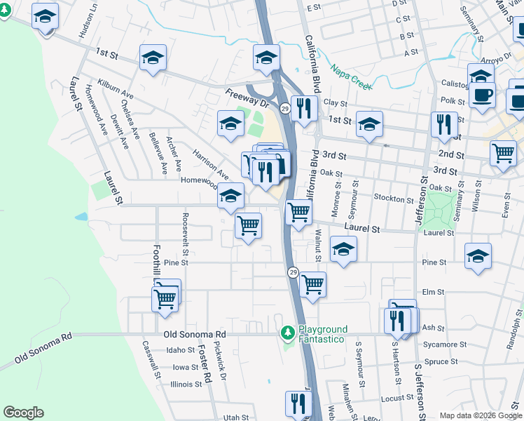 map of restaurants, bars, coffee shops, grocery stores, and more near 2585 Laurel Street in Napa