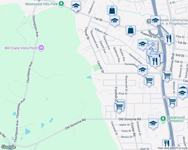 map of restaurants, bars, coffee shops, grocery stores, and more near 41 Griggs Lane in Napa