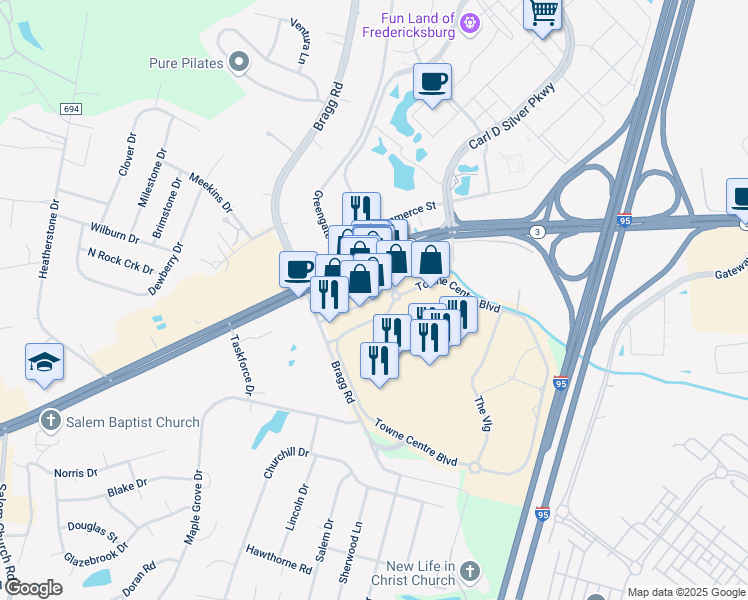 map of restaurants, bars, coffee shops, grocery stores, and more near Spotsylvania Mall Drive in Fredericksburg