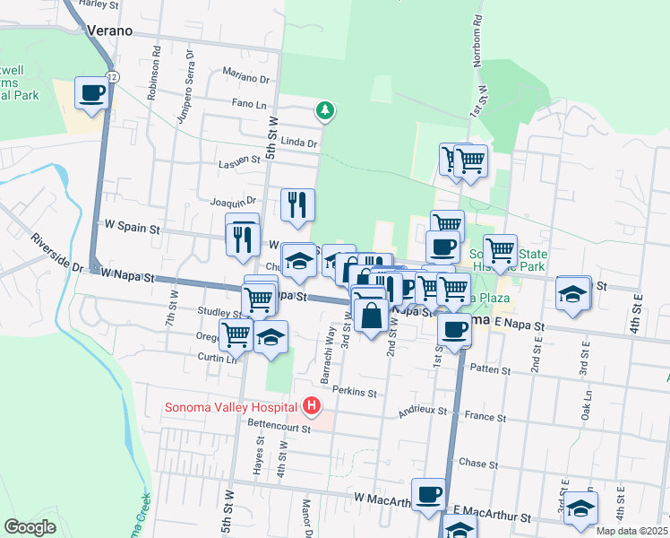 map of restaurants, bars, coffee shops, grocery stores, and more near 342 Church Street in Sonoma