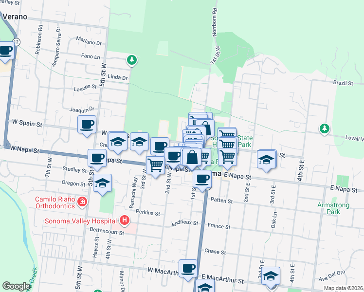 map of restaurants, bars, coffee shops, grocery stores, and more near 158 Church Street in Sonoma