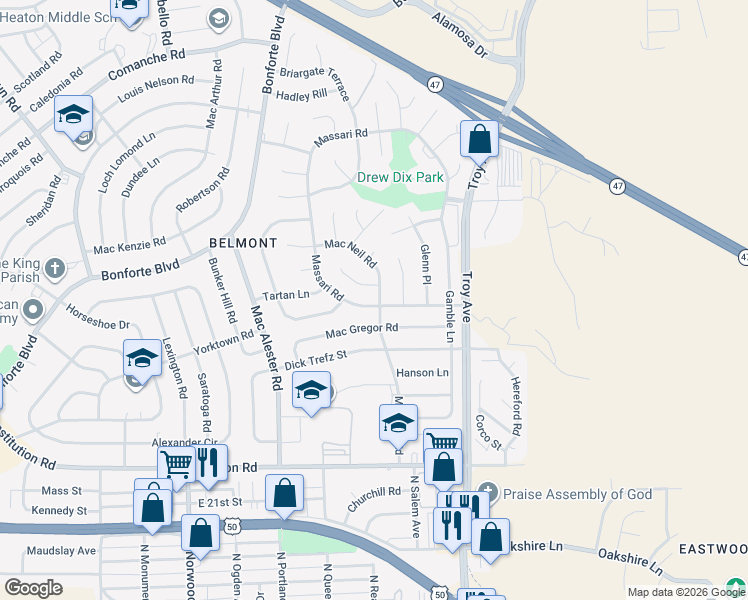 map of restaurants, bars, coffee shops, grocery stores, and more near 36 Massari Road in Pueblo