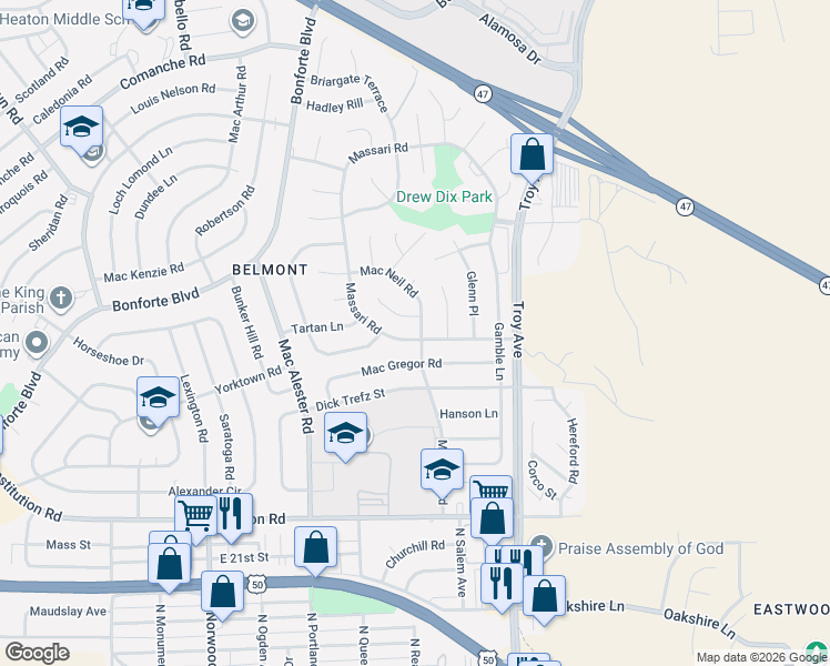 map of restaurants, bars, coffee shops, grocery stores, and more near 36 Massari Road in Pueblo