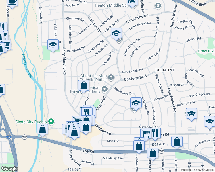 map of restaurants, bars, coffee shops, grocery stores, and more near 1615 Bonforte Boulevard in Pueblo