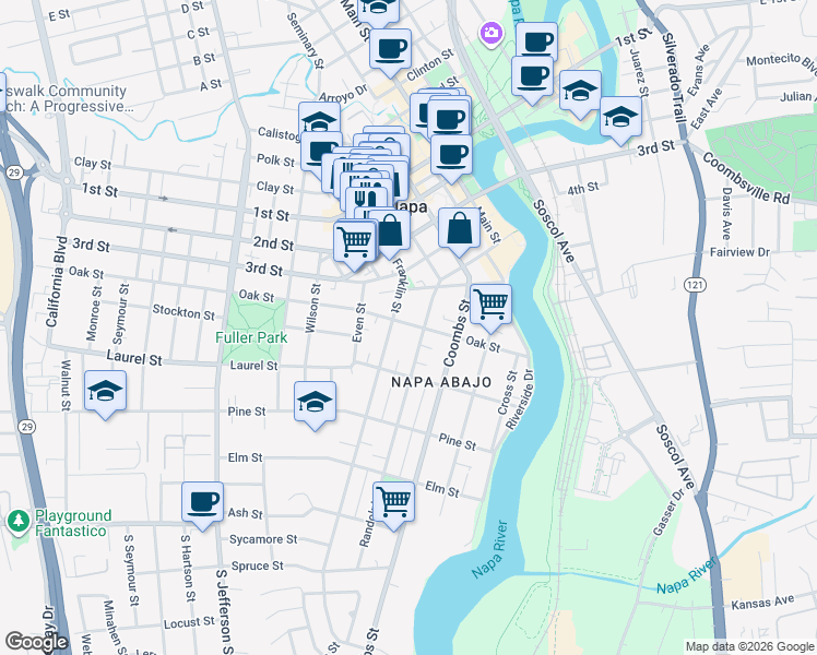map of restaurants, bars, coffee shops, grocery stores, and more near 466 Franklin Street in Napa