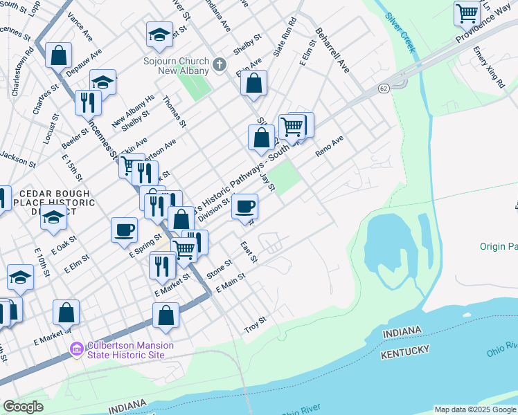 map of restaurants, bars, coffee shops, grocery stores, and more near 1919 Center Street in New Albany