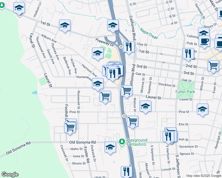 map of restaurants, bars, coffee shops, grocery stores, and more near 2585 Laurel Street in Napa