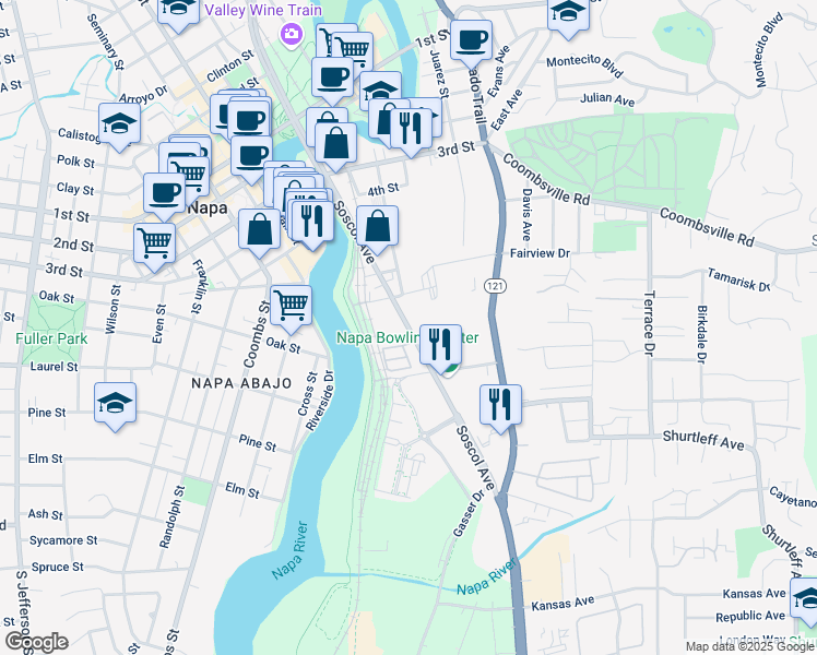 map of restaurants, bars, coffee shops, grocery stores, and more near 538 Soscol Avenue in Napa