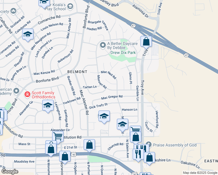 map of restaurants, bars, coffee shops, grocery stores, and more near 1 Normandy Circle in Pueblo