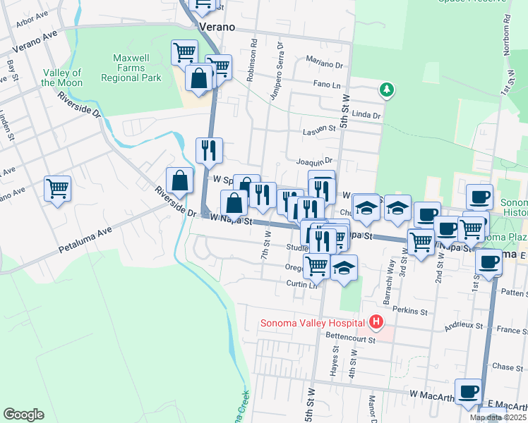 map of restaurants, bars, coffee shops, grocery stores, and more near 775 West Spain Street in Sonoma