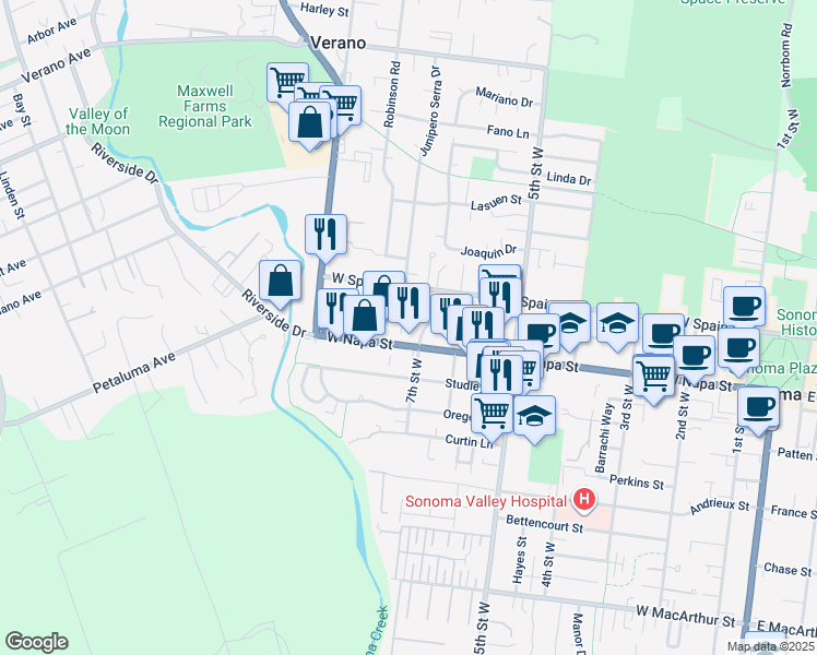 map of restaurants, bars, coffee shops, grocery stores, and more near 777 West Spain Street in Sonoma