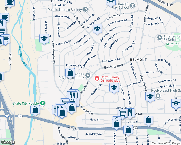 map of restaurants, bars, coffee shops, grocery stores, and more near 1615 Bonforte Boulevard in Pueblo