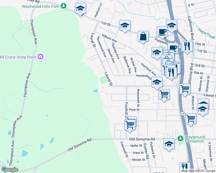 map of restaurants, bars, coffee shops, grocery stores, and more near 15 Griggs Lane in Napa