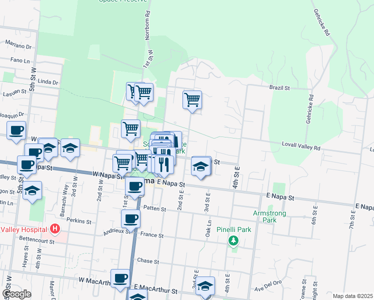 map of restaurants, bars, coffee shops, grocery stores, and more near 206 East Spain Street in Sonoma